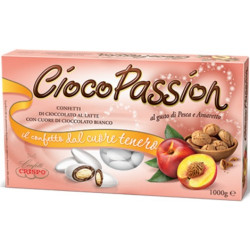 Ciocopassion pesche e amaretto Crispo: confetti bianchi in confezione da 1 Kg, ideali per confettata