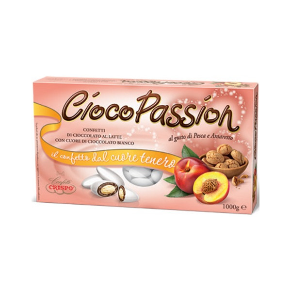 Ciocopassion pesche e amaretto Crispo: confetti bianchi in confezione da 1 Kg, ideali per confettata