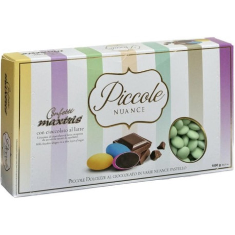 Maxtrix Piccole Nuance Pea Green, confetti verdi con cioccolato al latte a forma di lente da 1 Kg Maxtrix Piccole Nuance Pea Green, confetti verdi con cioccolato al latte a forma di lente da 1 Kg