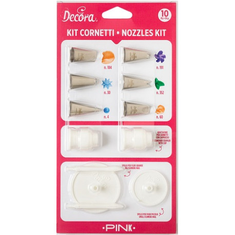 Kit Cornetti Pink con 6 bocchette 2 adattatori e 2 supporti fiori da Decora Kit Cornetti Pink con 6 bocchette 2 adattatori e 2 supporti fiori da Decora