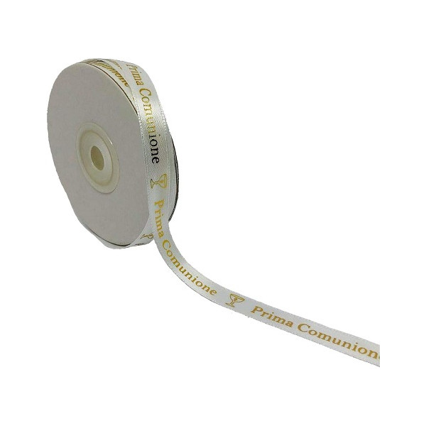 Nastro Doppio Raso con calice e scritta Prima Comunione in oro largo 10 mm, lungo 25 m