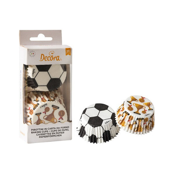 36 Pirottini muffin Champions, da Decora, in carta con decori a tema calcio, di ø5xh3,2 cm