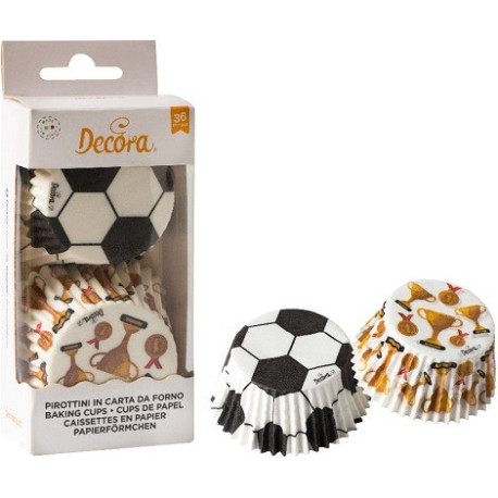36 Pirottini muffin Champions, da Decora, in carta con decori a tema calcio, di ø5xh3,2 cm
