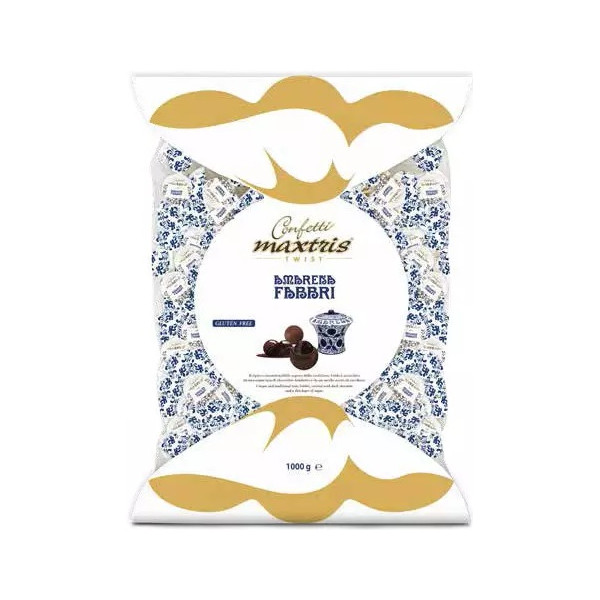 Busta Twist Fabbri 1 Kg: confetti con incarto Twist bianco Maxtris, con amarena e cioccolato fondente