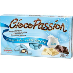 Confetti Ciocopassion Celeste: cioccolato al latte ripieni al cioccolato bianco Crispo confettati di color Celeste da 1 Kg