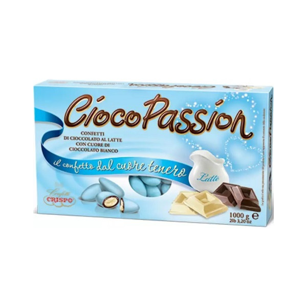 Ciocopassion celeste Crispo: confetti celesti con cioccolato al latte ripieni al cioccolato bianco da 1 Kg