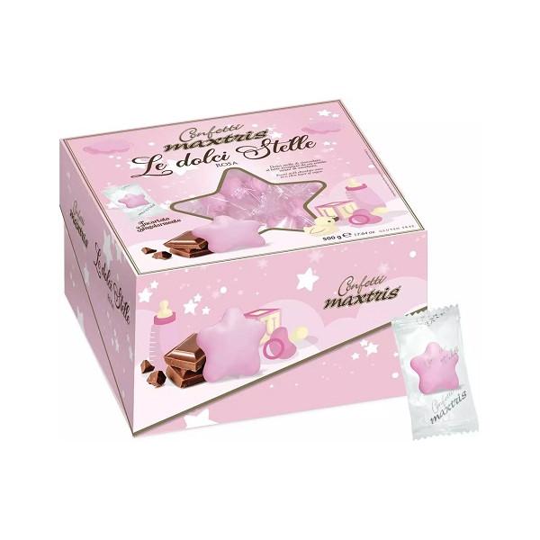 Le Dolci Stelle Rosa Maxtris: confetti rosa a stella incartati in vassoio da 500 g