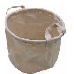 Cestino Shabby Chic Tondo in Tela Color Tortora con Decori Cuore (Ø18/24cm)