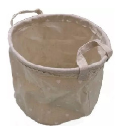 Cestino Shabby chic tondo in tela color tortora con decori cuoricini bianchi, diametro 18 X h 20 cm