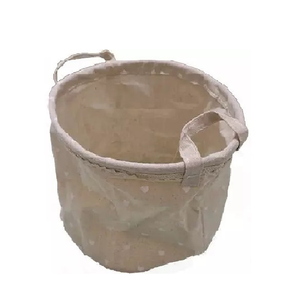 Cestino Shabby chic tondo in tela color tortora con decori cuoricini bianchi, diametro 18 X h 20 cm