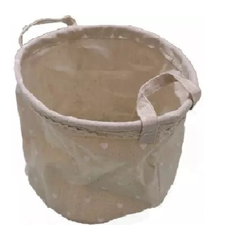 Cestino Shabby chic tondo in tela color tortora con decori cuoricini bianchi, diametro 18 X h 20 cm Cestino Shabby chic tondo in tela color tortora con decori cuoricini bianchi, diametro 18 X h 20 cm