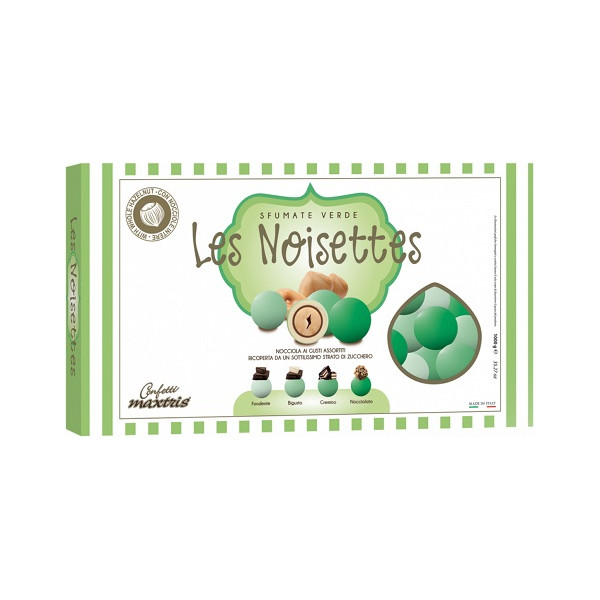 Confetti Maxtris Les Noisettes Sfumate Verde da 1 Kg: confetti tondi con nocciola tostata ricoperta di cioccolato