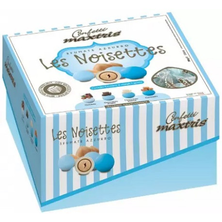 Dolce Arrivo Les Noisettes Sfumate Azzurro: confetti tondi alla nocciola, in vassoio da 500 g, incartati da Maxtris Dolce Arrivo Les Noisettes Sfumate Azzurro: confetti tondi alla nocciola, in vassoio da 500 g, incartati da Maxtris