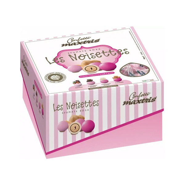 Vassoio Les Noisettes Sfumate Rosa Maxtris da 500 g, confetti tondi sfumati rosa incartati singolarmente