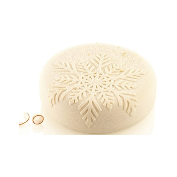 Stampo Neve 1100 di Silikomart: stampo tondo, in silicone bianco, per torta da 18,5 cm, decorata con fiocco di neve