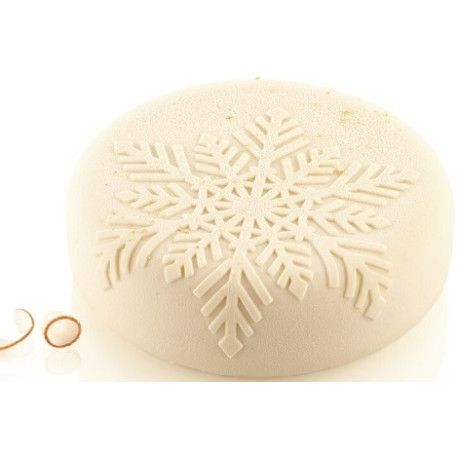 Stampo Neve 1100 di Silikomart: stampo tondo, in silicone bianco, per torta da 18,5 cm, decorata con fiocco di neve