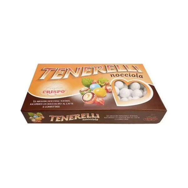 Confetti Tenerelli Bianchi Crispo: nocciola tostata ricoperta di cioccolato a latte e confettata bianca Crispo