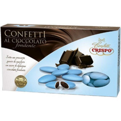 Confetti celesti al cioccolato fondente Crispo in confezione da 1 Kg. Confetti celesti ideali per compleanno e matrimonio.
