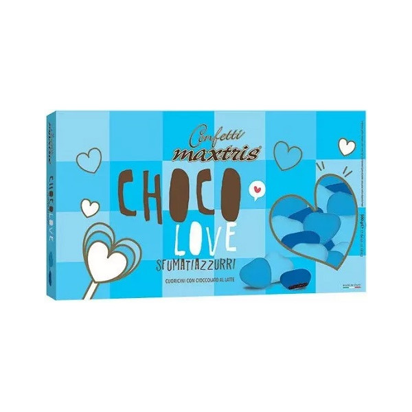 Confetti Maxtris Choco Love Sfumati Azzurro da 500 g: cuoricini di cioccolato al latte e confettati