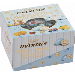 Dolce Arrivo Maxtris Mix Frutta Azzurro, in vassoio da 500 g. Ciocomandorla azzurri, incartati singolarmente