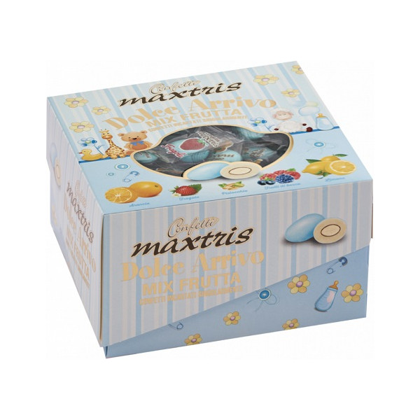 Dolce Arrivo Maxtris Mix Frutta Azzurro, in vassoio da 500 g. Ciocomandorla azzurri, incartati singolarmente