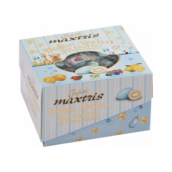 Dolce Arrivo Maxtris Mix Frutta Azzurro, in vassoio da 500 g. Ciocomandorla azzurri, incartati singolarmente