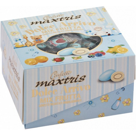 Dolce Arrivo Maxtris Mix Frutta Azzurro, in vassoio da 500 g. Ciocomandorla azzurri, incartati singolarmente