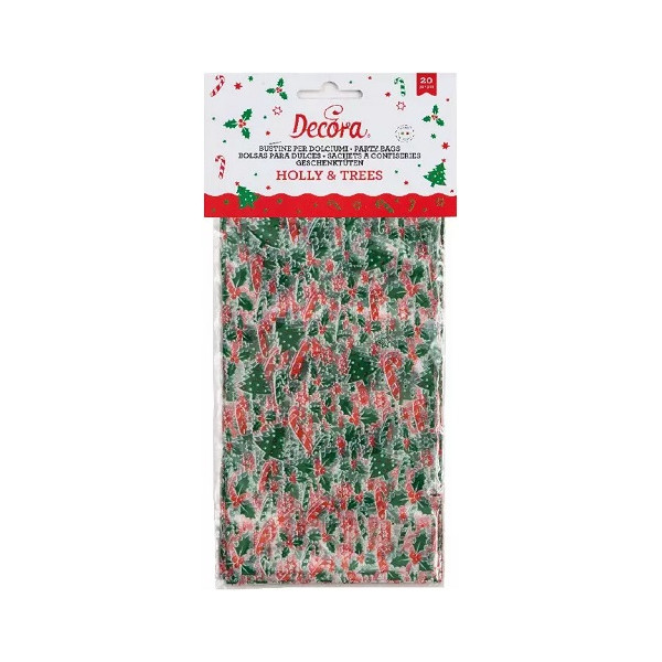 Sacchetti Holly & Trees da Decora: set 20 sacchetti in plastica per alimenti con decori natalizi 12,5 +3 x h 24 cm