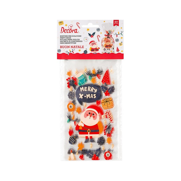 20 Sacchetti Buon Natale con Babbo Natale e decori natalizi 12,5 +3 x h 24 cm da Decora