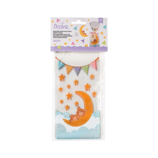 20 Sacchetti Baby Decora: buste con decori luna orsetto e stelline 12,5 +3 x h 24 cm