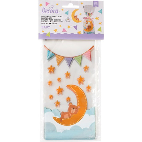 20 Sacchetti Baby Decora: buste con decori luna orsetto e stelline 12,5 +3 x h 24 cm 20 Sacchetti Baby Decora: buste con decori luna orsetto e stelline 12,5 +3 x h 24 cm