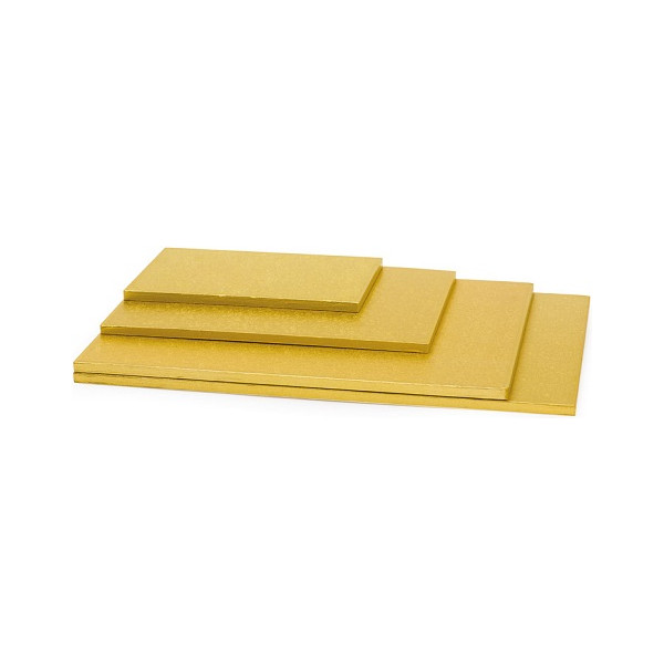 Sottotorta rigido oro rettangolare Decora: vassoio in pasta di cellulosa rivestito in alluminio colorato oro alto 1,2 cm