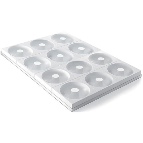 Savarin115/6 Silikomart: set 12 stampi savarin tortaflex per ciambelle ø11,5xh 4 cm in silicone bianco su vassoio 60x40 cm Savarin115/6 Silikomart: set 12 stampi savarin tortaflex per ciambelle ø11,5xh 4 cm in silicone bianco su vassoio 60x40 cm