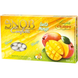 Confetti Snob al Mango Crispo: mandorla tostata ricoperta di cioccolato bianco al gusto mango e confettata bianca