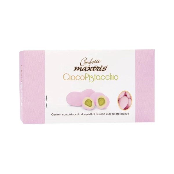 Ciocopistacchio Rosa Maxtris da 500 g: pistacchio tostato ricoperto di cioccolato bianco e confettato rosa