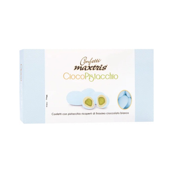 Ciocopistacchio Celeste Maxtris da 500 g: pistacchio tostato ricoperto di cioccolato bianco e confettato celeste