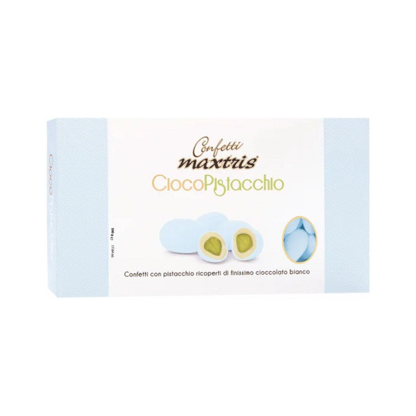 Ciocopistacchio Celeste Maxtris da 500 g: pistacchio tostato ricoperto di cioccolato bianco e confettato celeste
