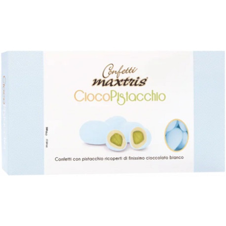 Ciocopistacchio Celeste Maxtris da 500 g: pistacchio tostato ricoperto di cioccolato bianco e confettato celeste Ciocopistacchio Celeste Maxtris da 500 g: pistacchio tostato ricoperto di cioccolato bianco e confettato celeste