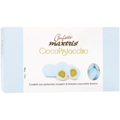 Ciocopistacchio Celeste Maxtris da 500 g: pistacchio tostato ricoperto di cioccolato bianco e confettato celeste