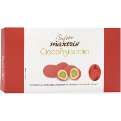 Ciocopistacchio Rosso Maxtris da 500 g: pistacchio tostato ricoperto di cioccolato bianco e confettato rosso