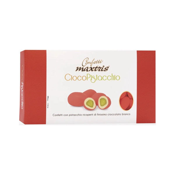 Ciocopistacchio Rosso Maxtris da 500 g: pistacchio tostato ricoperto di cioccolato bianco e confettato rosso