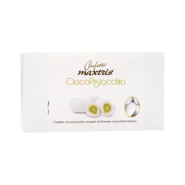 Ciocopistacchio bianco Maxtris da 500 g: pistacchio tostato ricoperto di cioccolato bianco e confettato bianco