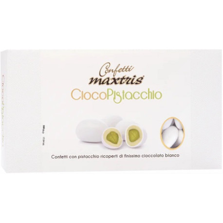 Ciocopistacchio bianco Maxtris da 500 g: pistacchio tostato ricoperto di cioccolato bianco e confettato bianco Ciocopistacchio bianco Maxtris da 500 g: pistacchio tostato ricoperto di cioccolato bianco e confettato bianco