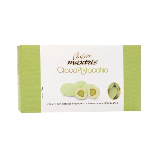 Ciocopistacchio Verde Maxtris da 500 g: pistacchio tostato ricoperto di cioccolato bianco e confettato verde