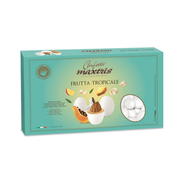 Maxtris Frutta Tropicale: confetti bianchi con mandorla tostata avvolta con cioccolato bianco al gusto di frutta tropicale