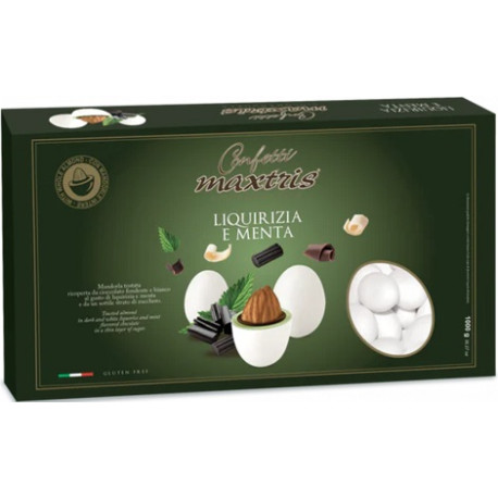 Maxtris Liquirizia e Menta: confetti bianchi con mandorla tostata avvolta con cioccolato bianco al gusto di liquirizia e menta Maxtris Liquirizia e Menta: confetti bianchi con mandorla tostata avvolta con cioccolato bianco al gusto di liquirizia e menta