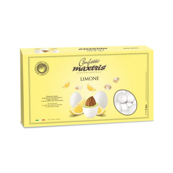 Maxtris Limone 1 Kg: confetti bianchi con mandorla tostata avvolta con cioccolato bianco al gusto limone