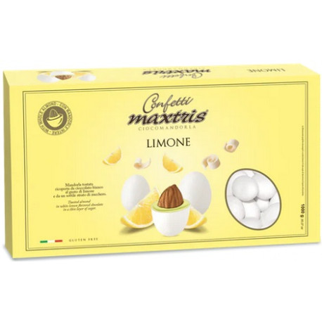 Maxtris Limone 1 Kg: confetti bianchi con mandorla tostata avvolta con cioccolato bianco al gusto limone