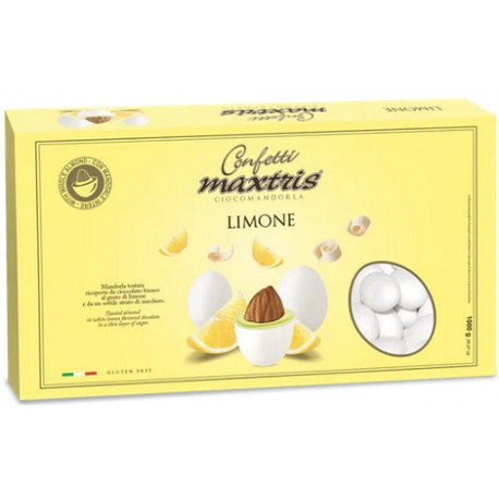 Maxtris Limone 1 Kg: confetti bianchi con mandorla tostata avvolta con cioccolato bianco al gusto limone Maxtris Limone 1 Kg: confetti bianchi con mandorla tostata avvolta con cioccolato bianco al gusto limone