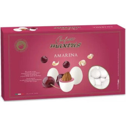 Maxtris Amarena: confetti bianchi con mandorla tostata avvolta con cioccolato bianco al gusto di amarena